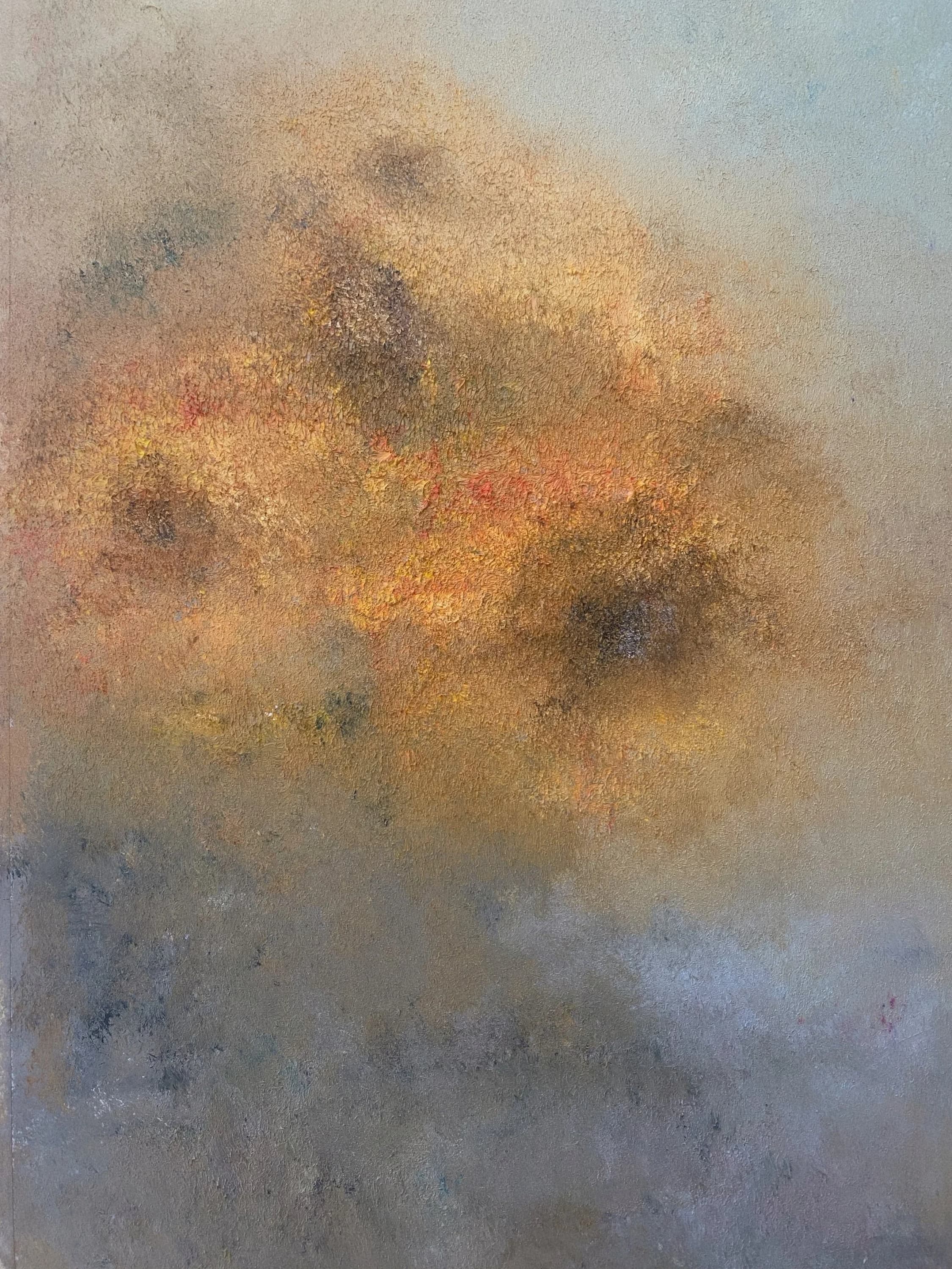 Abstract artwork with soft orange, blue and grey marks.