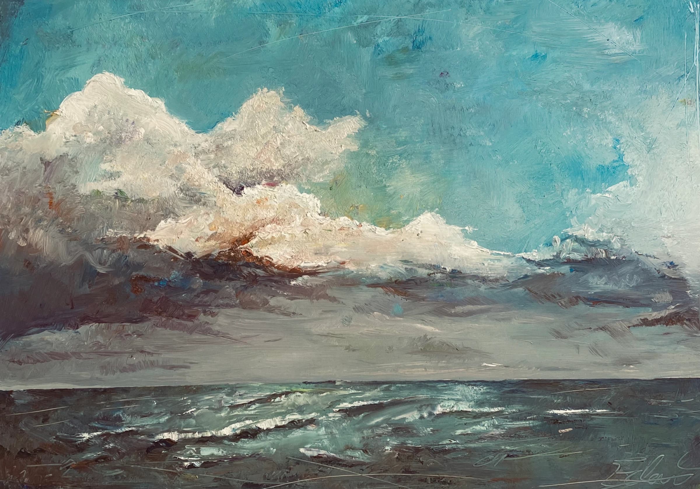 Seascape with white clouds, blue sky and dark water.