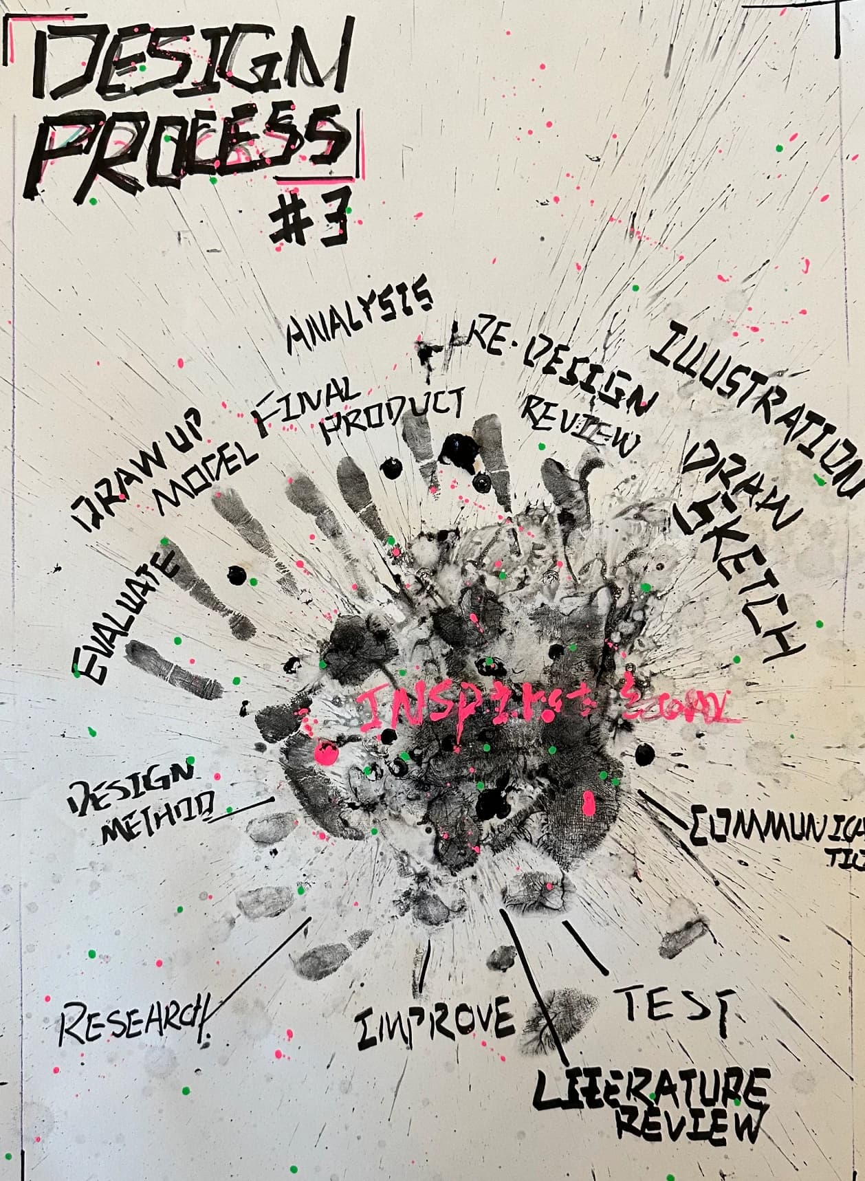 Design Process #3 diagram with handwritten notes and paint marks.