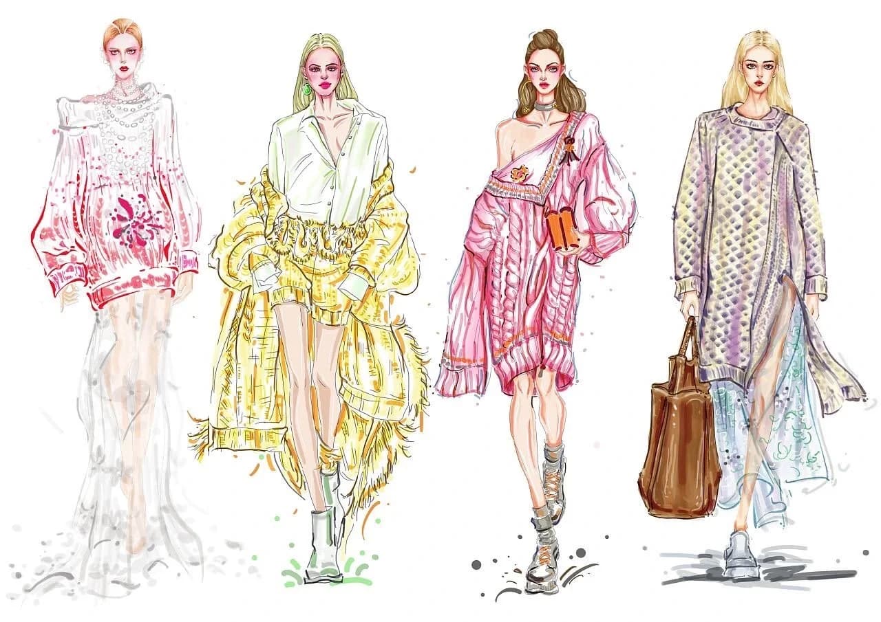 Four fashion figures in colourful layered outfits.