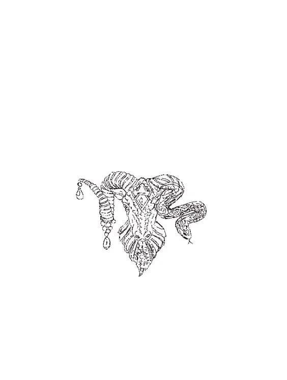 Detailed line drawing of a ram head ornament.