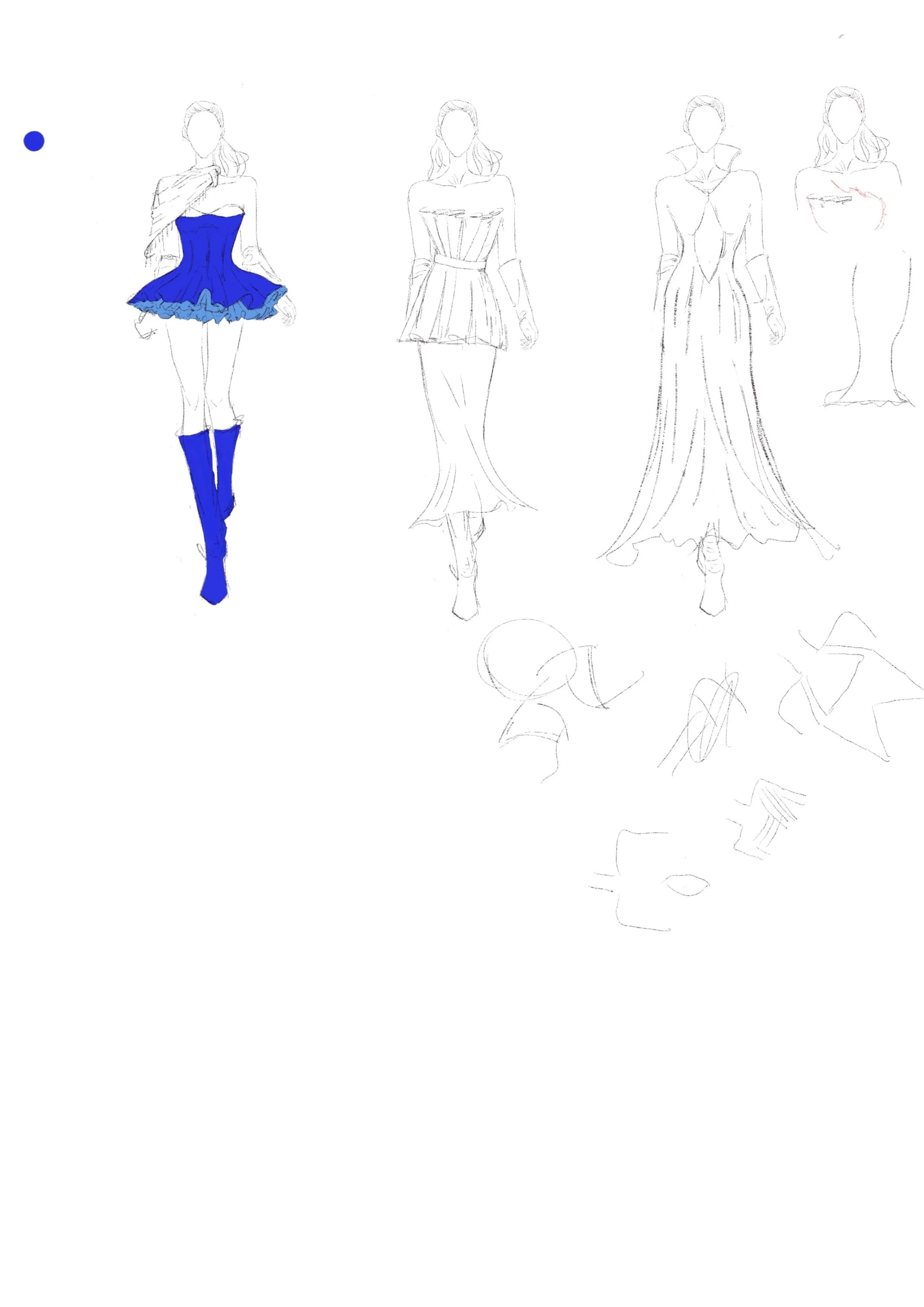 Fashion figure sketches with a blue outfit study.