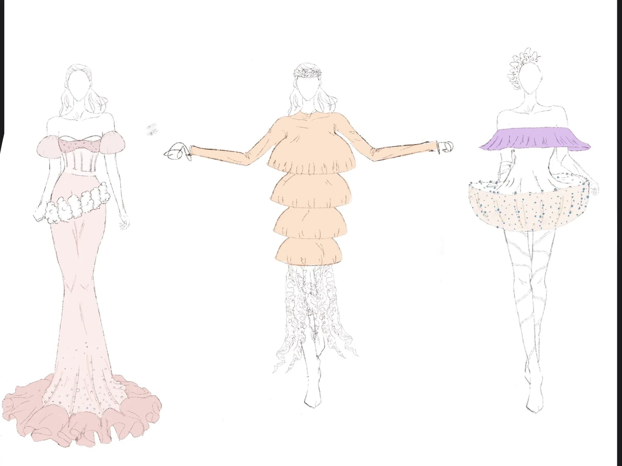 Three fashion illustrations in pastel colours.
