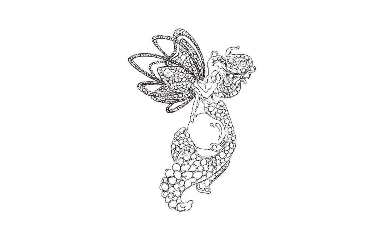Line drawing of a floral jewellery design.