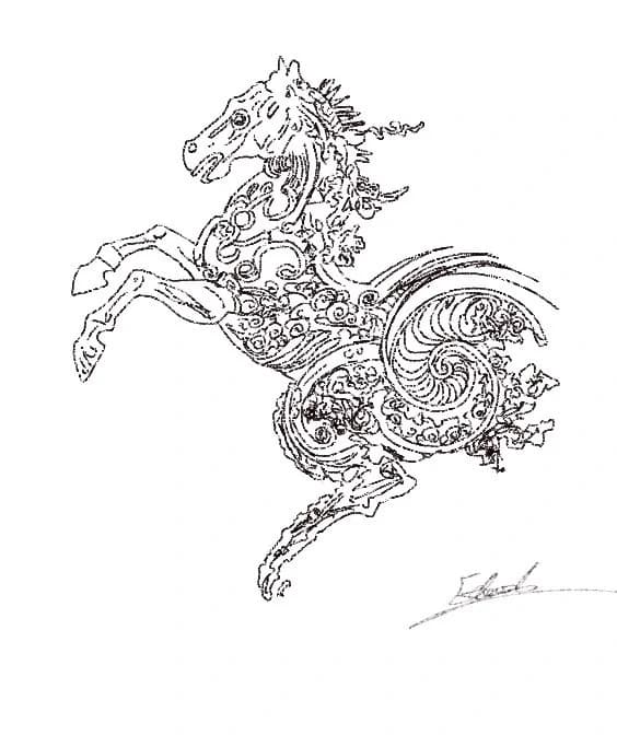 Ornamental horse drawing with an embedded signature.