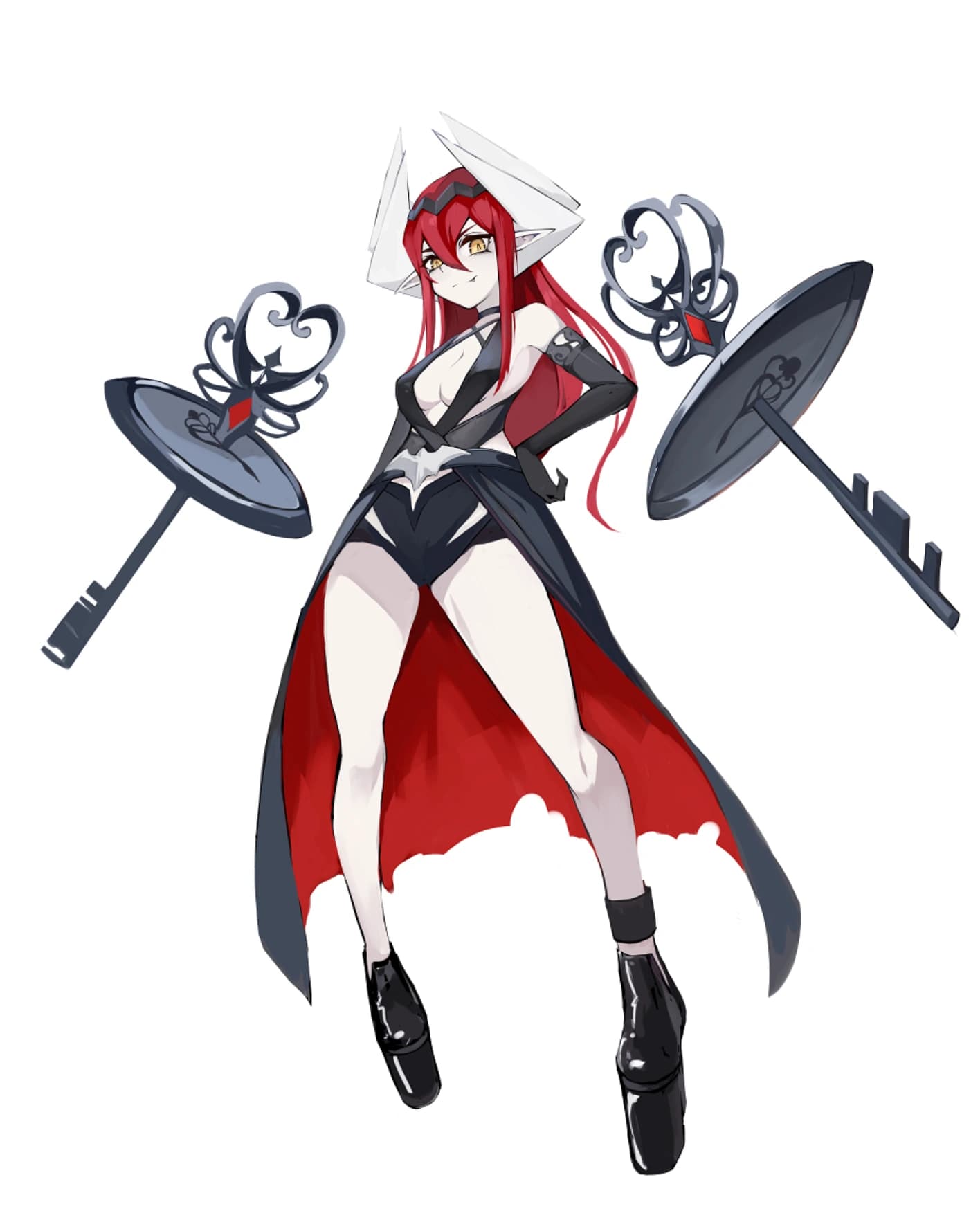 Illustrated character with red hair and mechanical weapons.