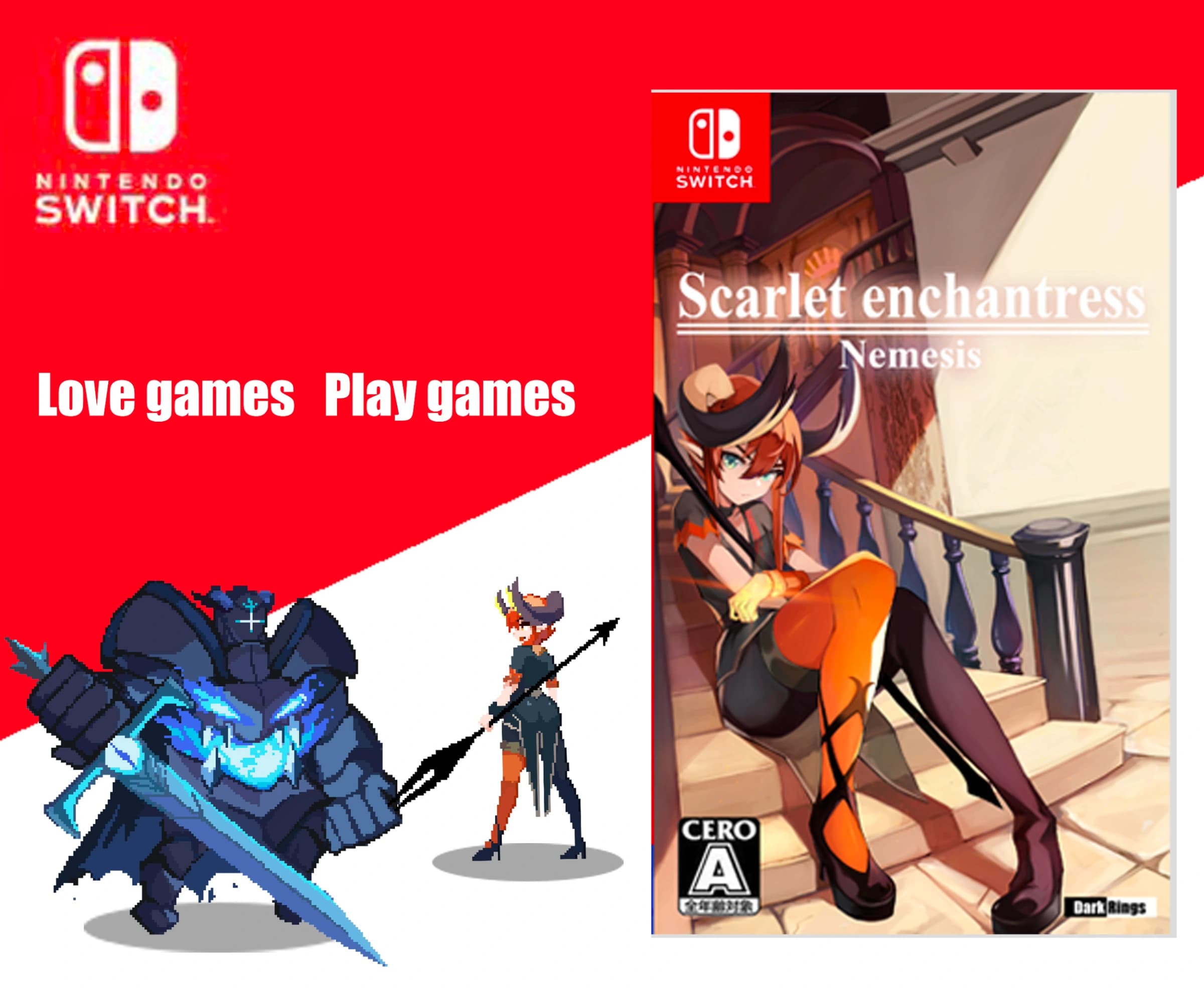 Red promotional layout with game characters and console branding.