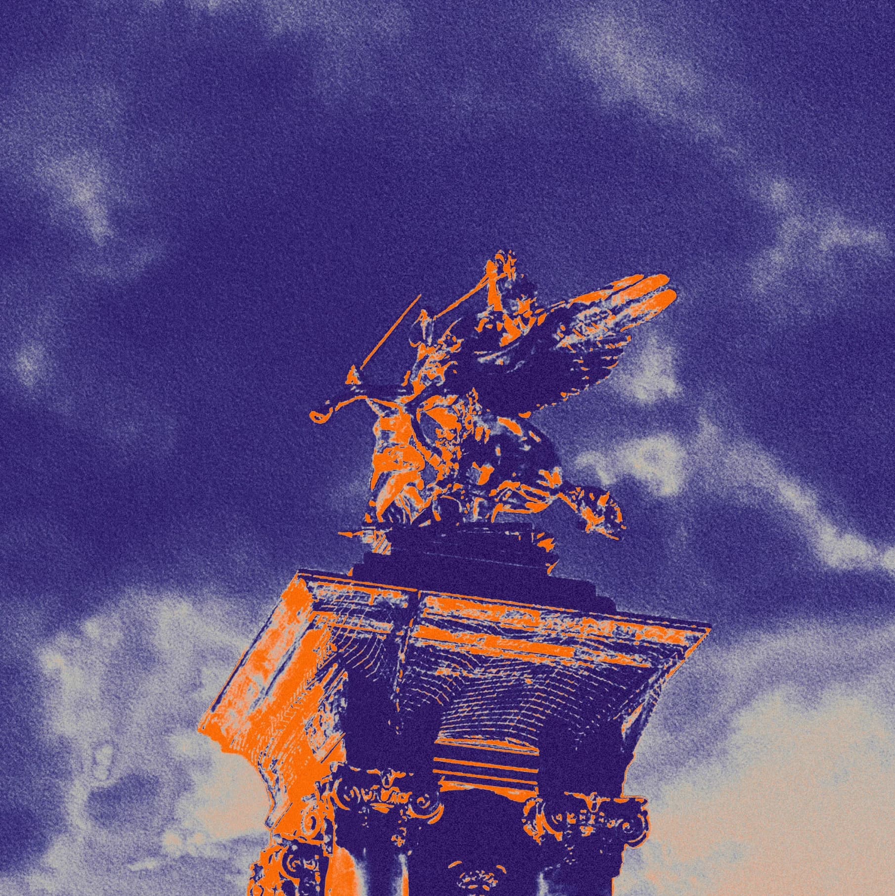 Sculptural figures on a pedestal in orange and purple.