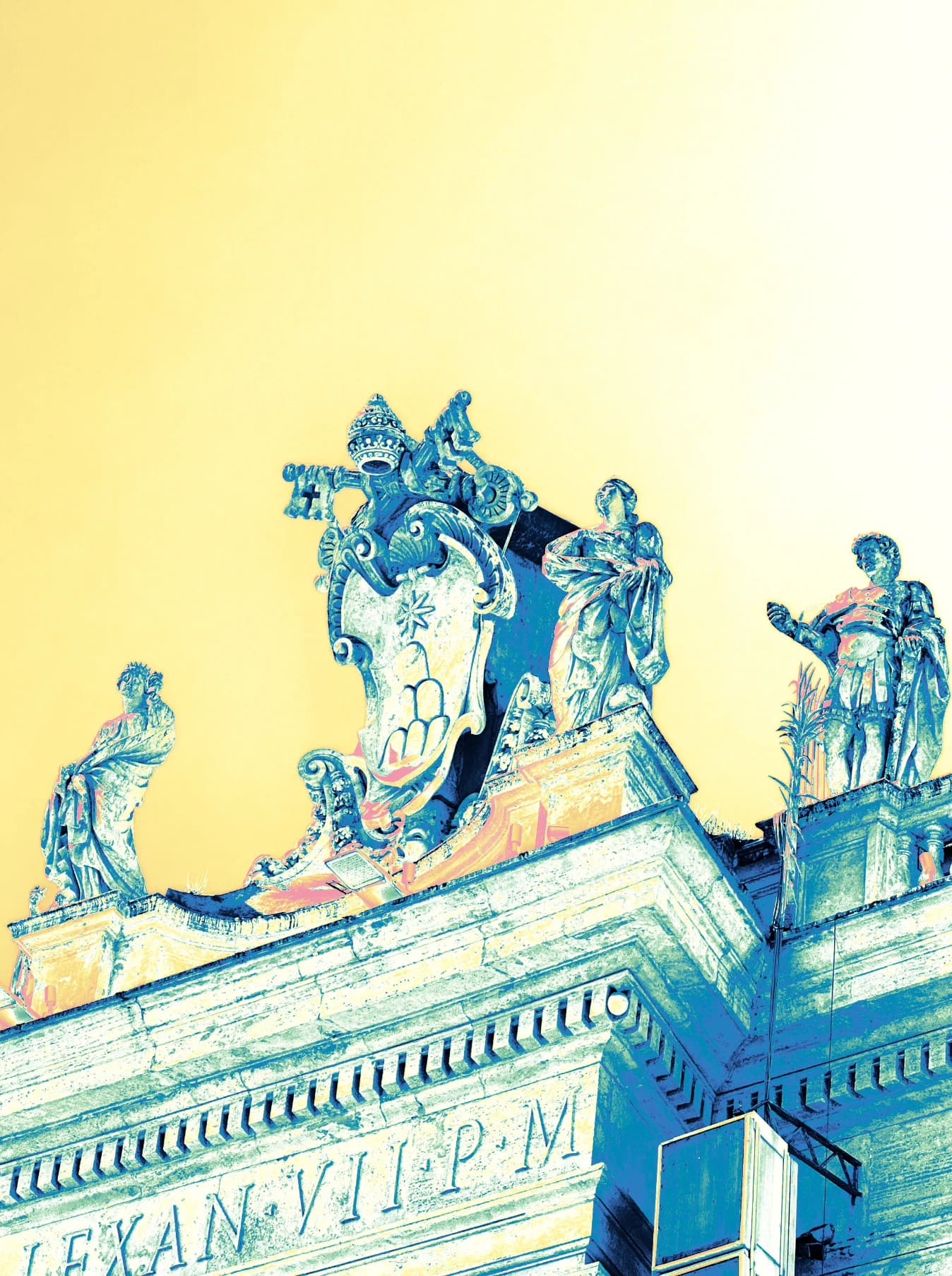 Rooftop sculpture group against a pale yellow sky.
