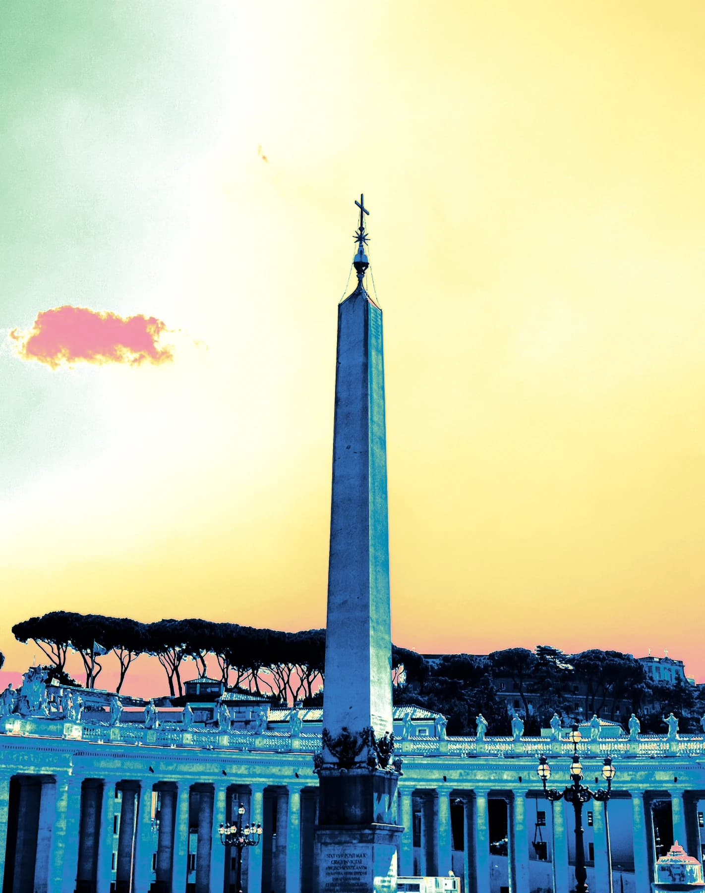 Column rising above a curved colonnade.