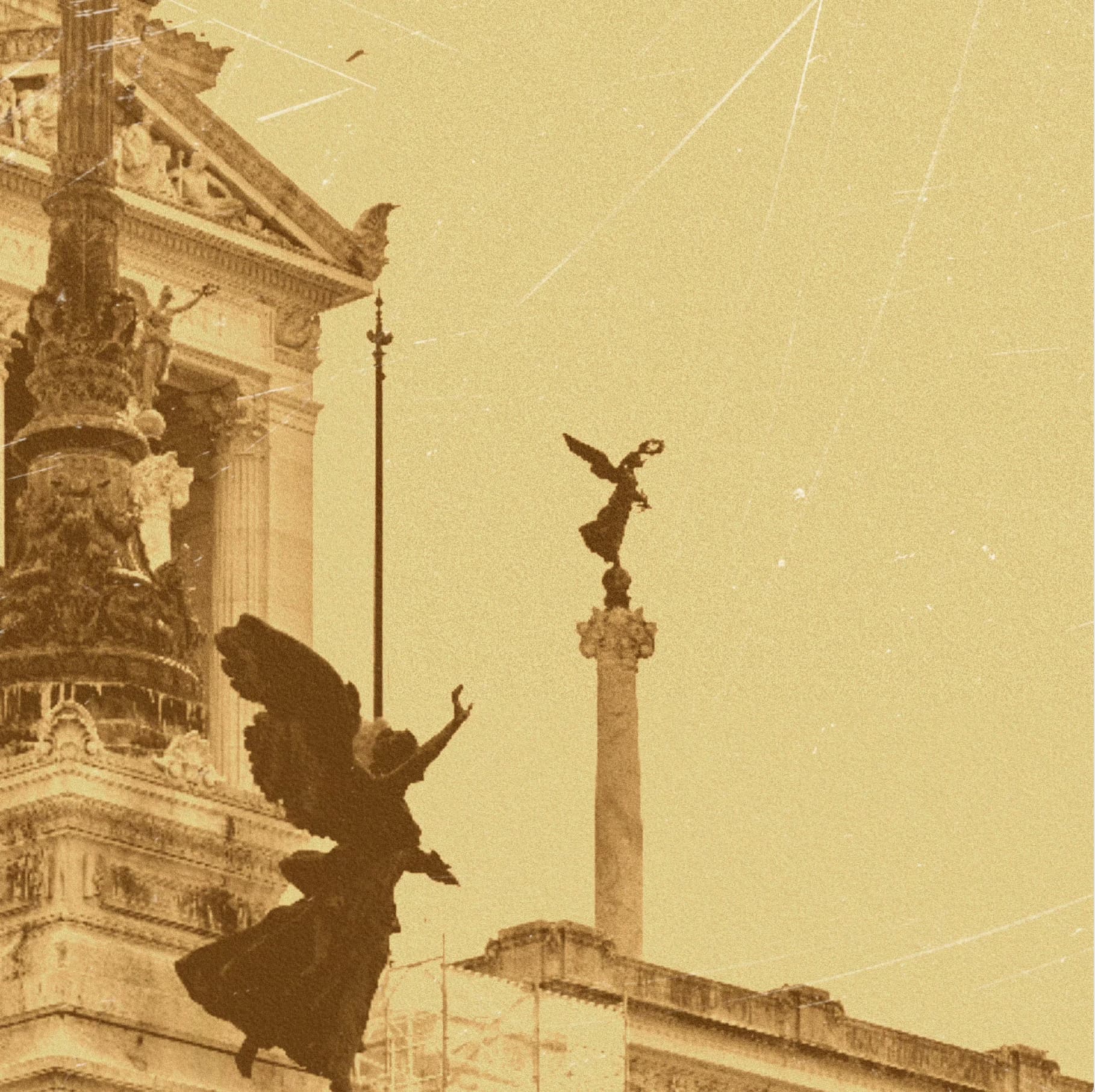 Sepia view of a monument and a tall column.