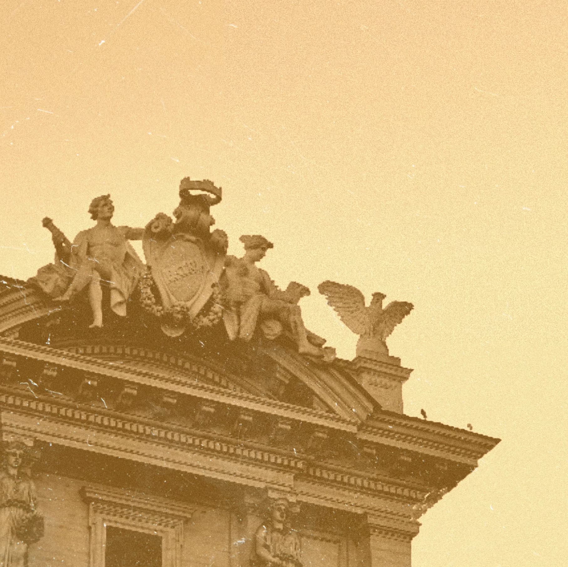 Sepia rooftop sculpture group.