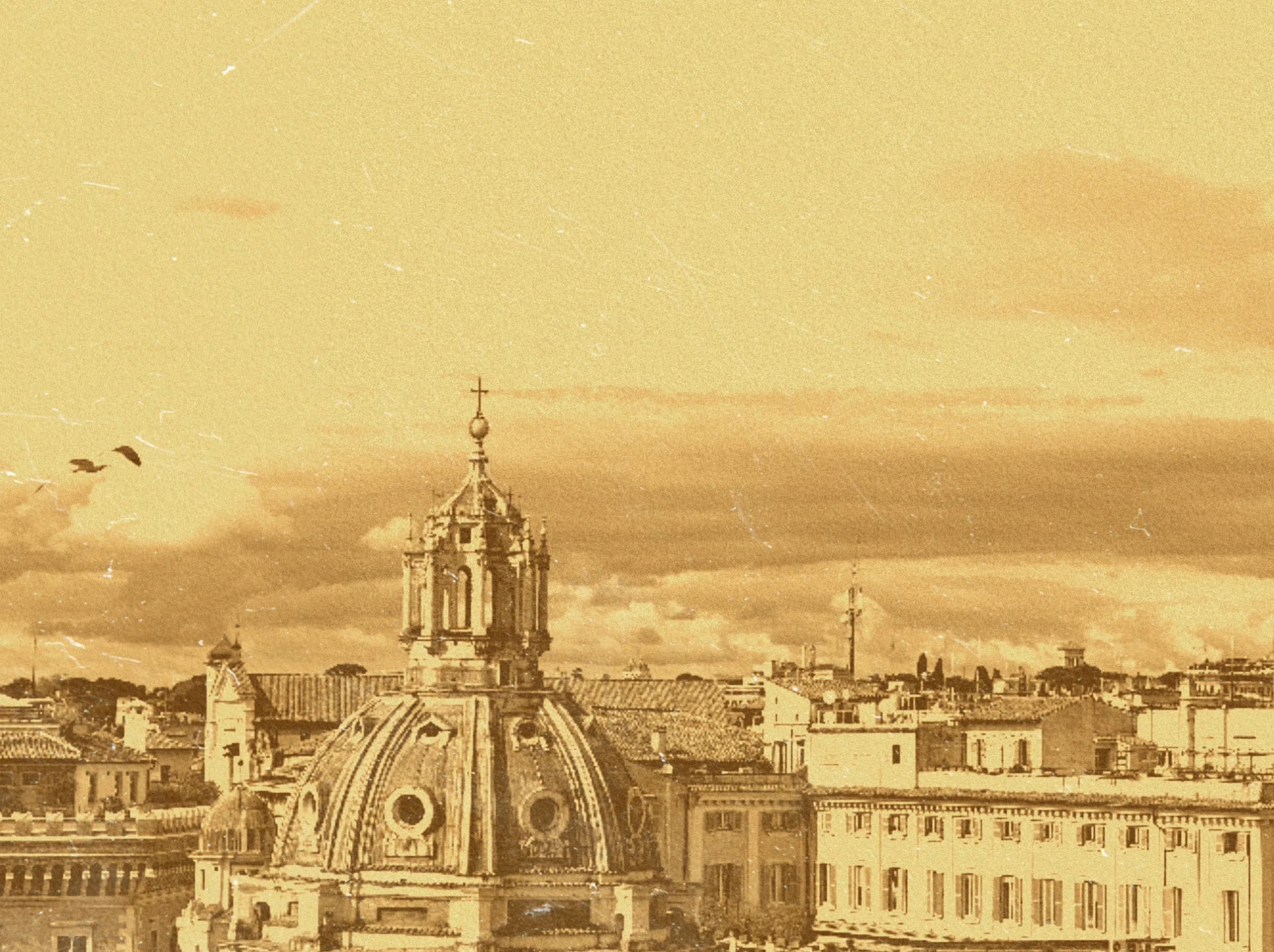 Sepia city panorama with a church facade.