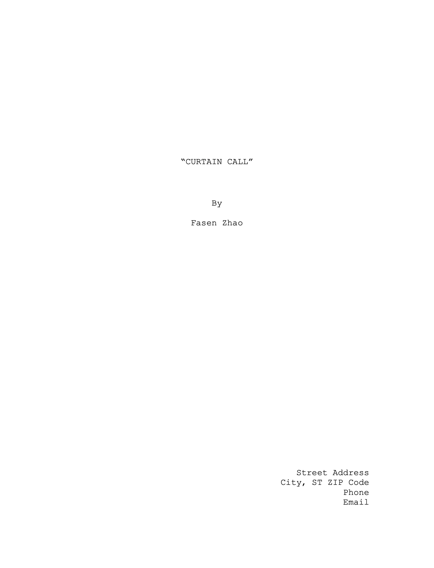 Curtain Call title page, by Fasen Zhao.