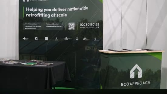 Eco Approach exhibition backdrop, branded counter and printed materials at the CHIC conference