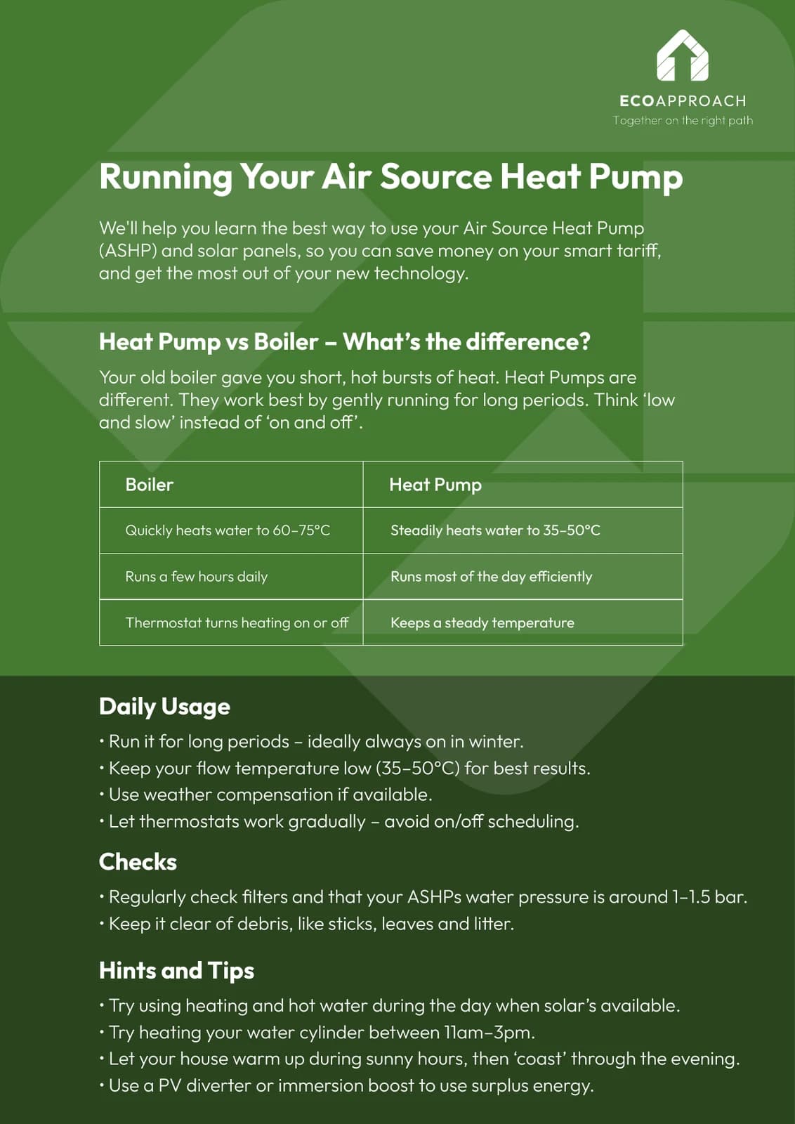 Branded customer guide with an air source heat pump comparison table and advice sections