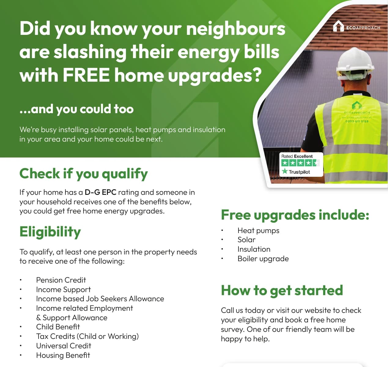 Upper design excerpt from an Eco Approach ECO4 leaflet, showing a home-upgrade campaign headline and eligibility information