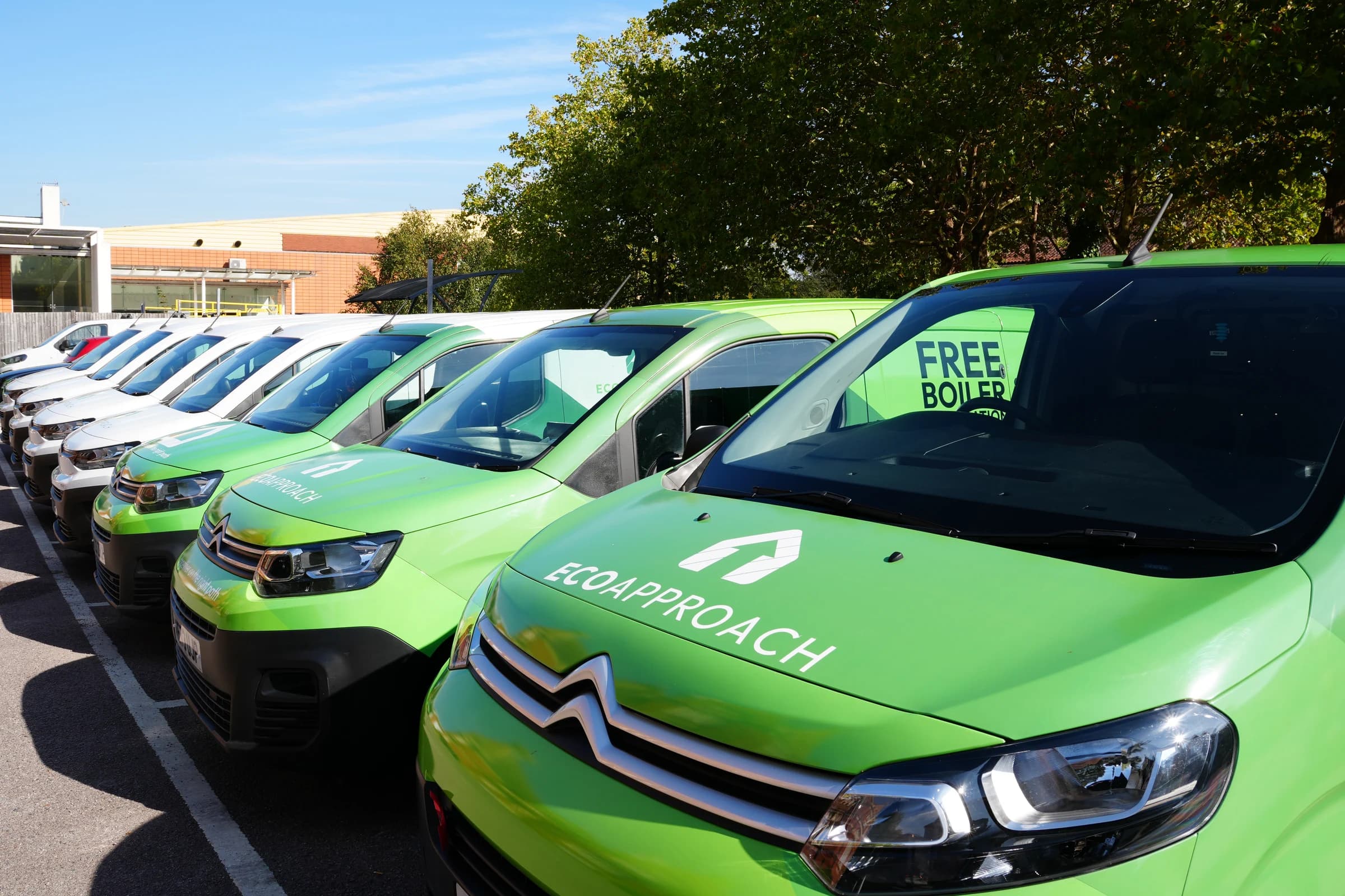 A row of Eco Approach vans showing green bonnet and side graphics