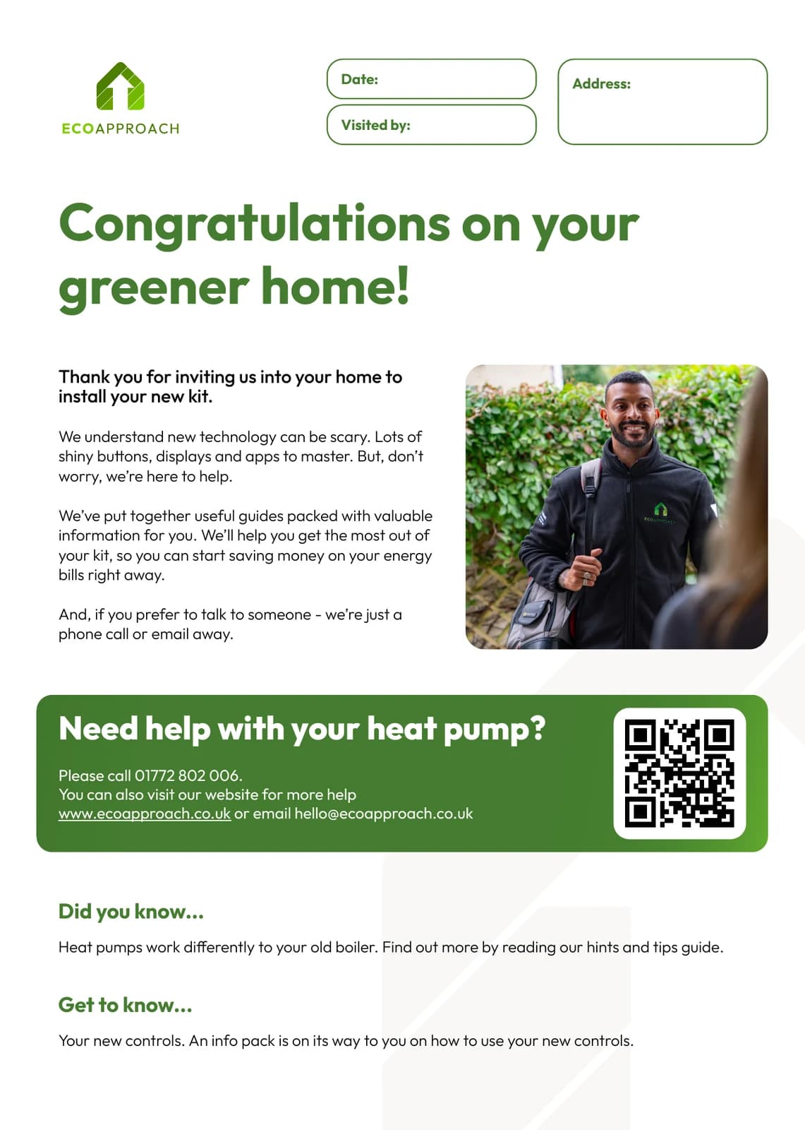Eco Approach heat pump customer handover page with a welcome message and next steps