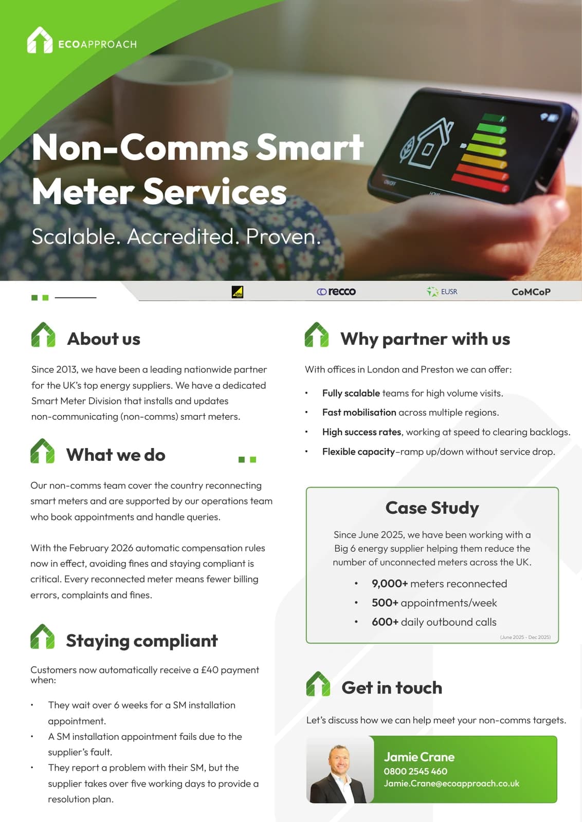 Eco Approach non-communicating smart meter service one-pager with green headings and business contact information