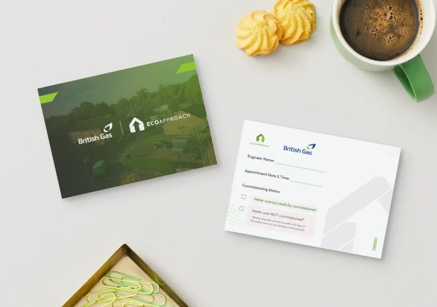 Front and reverse postcard mockups with British Gas and Eco Approach branding