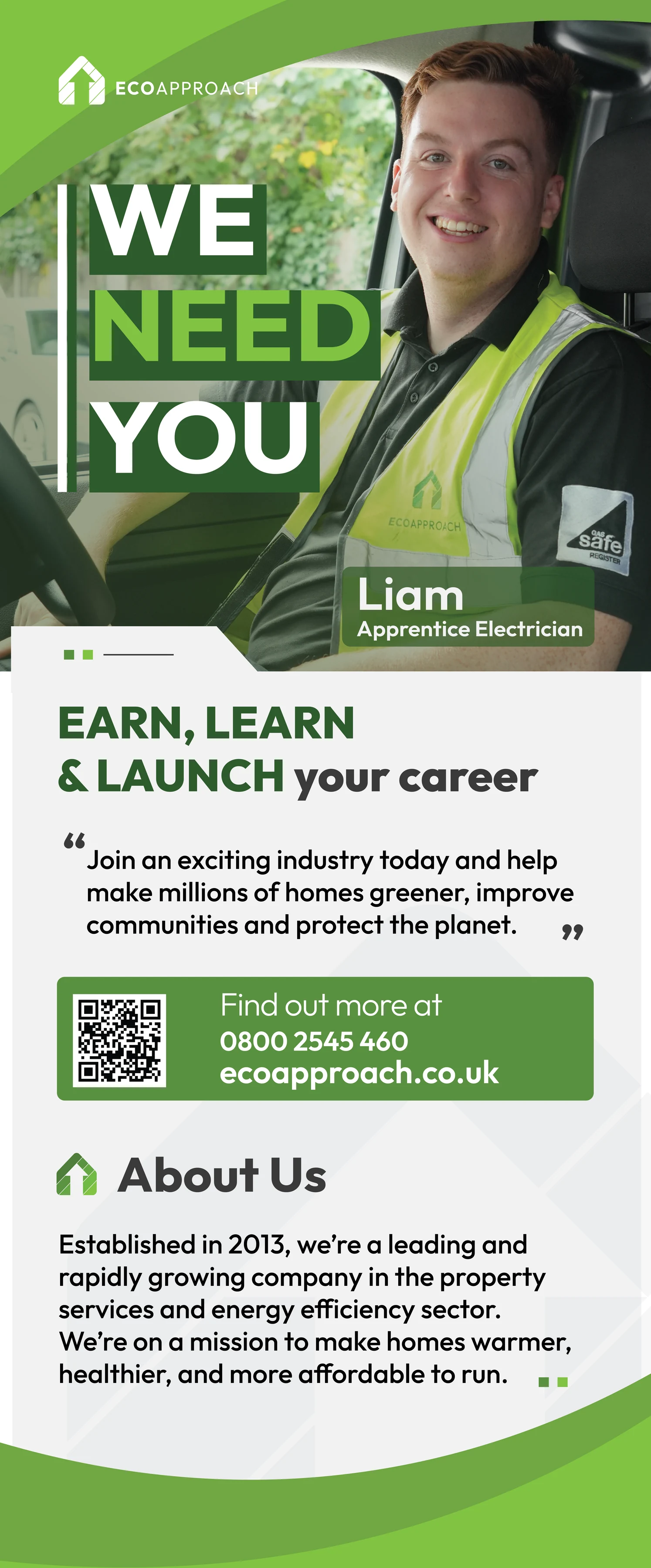 A full-height Eco Approach recruitment banner with a worker portrait, careers message and contact details