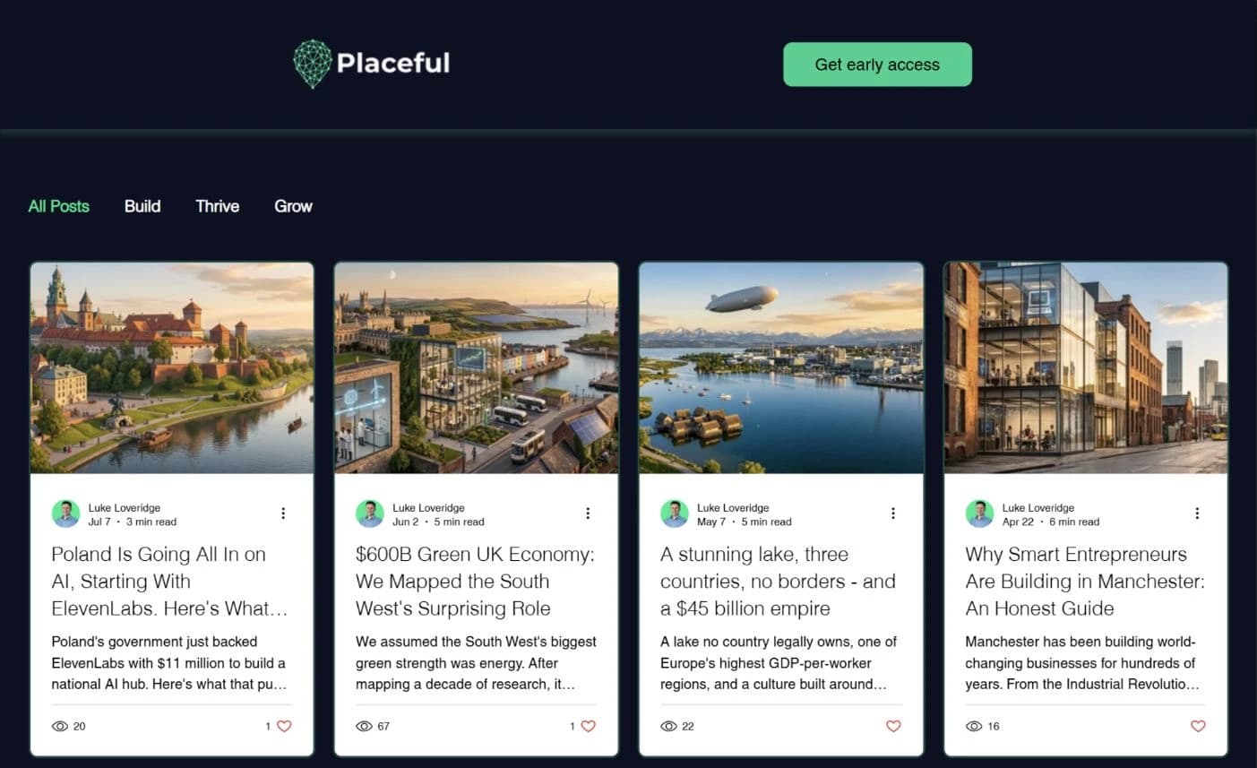 The current Placeful Explore page shows All Posts, Build, Thrive and Grow categories above four article cards.
