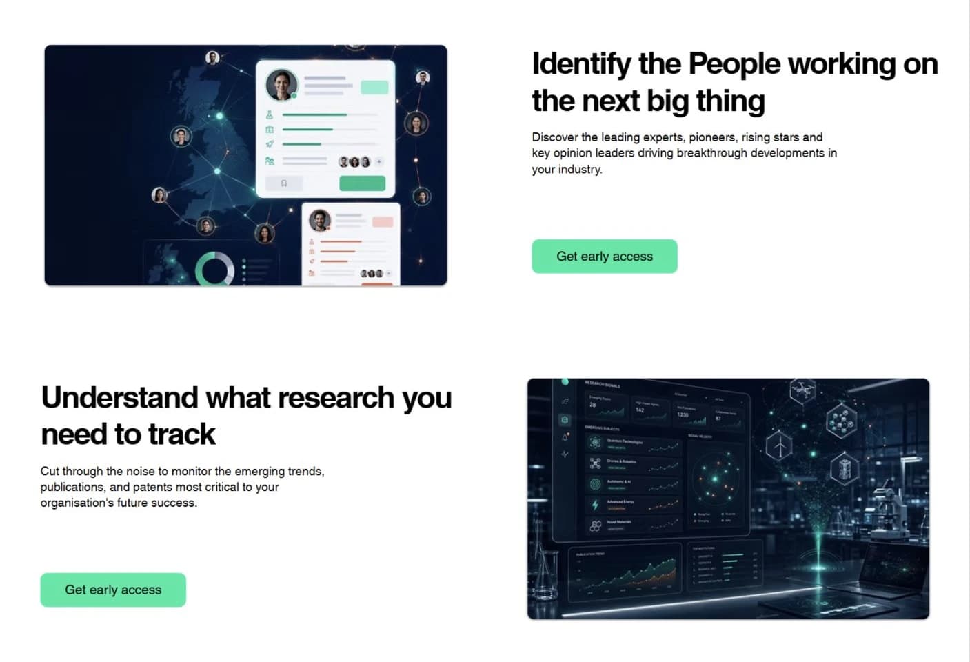 Two Placeful feature rows alternate text, green early-access buttons and illustrations of people and research.