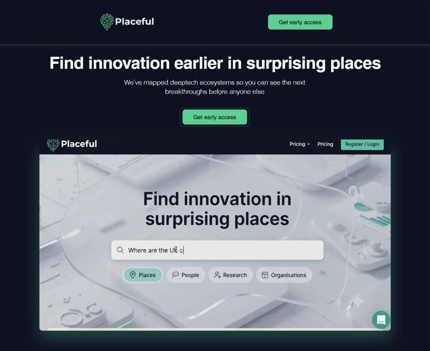 Placeful's dark navy homepage with its green logo, early-access calls to action and embedded hero video.