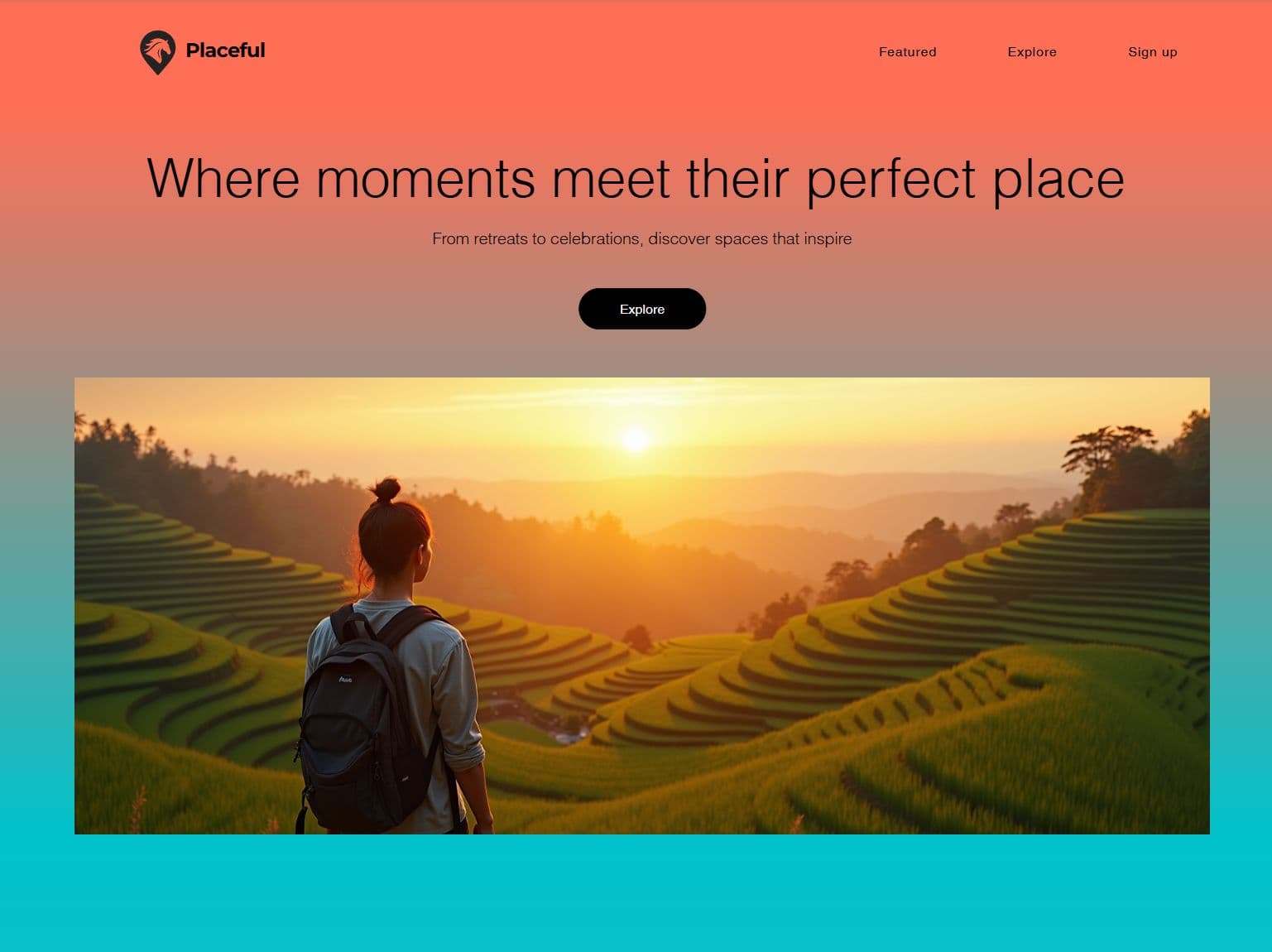Placeful’s 2025 homepage with coral horse-logo header, Where moments meet their perfect place headline, Explore action and a landscape image.