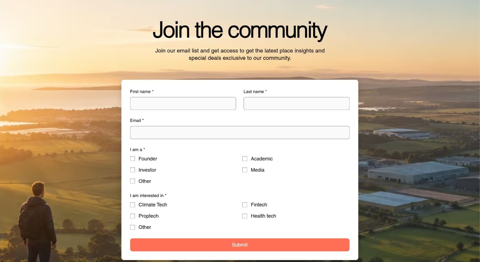 Join the community section of the earlier Placeful website, with an empty newsletter form, role and interest checkboxes, and a coral submit button over a landscape background.