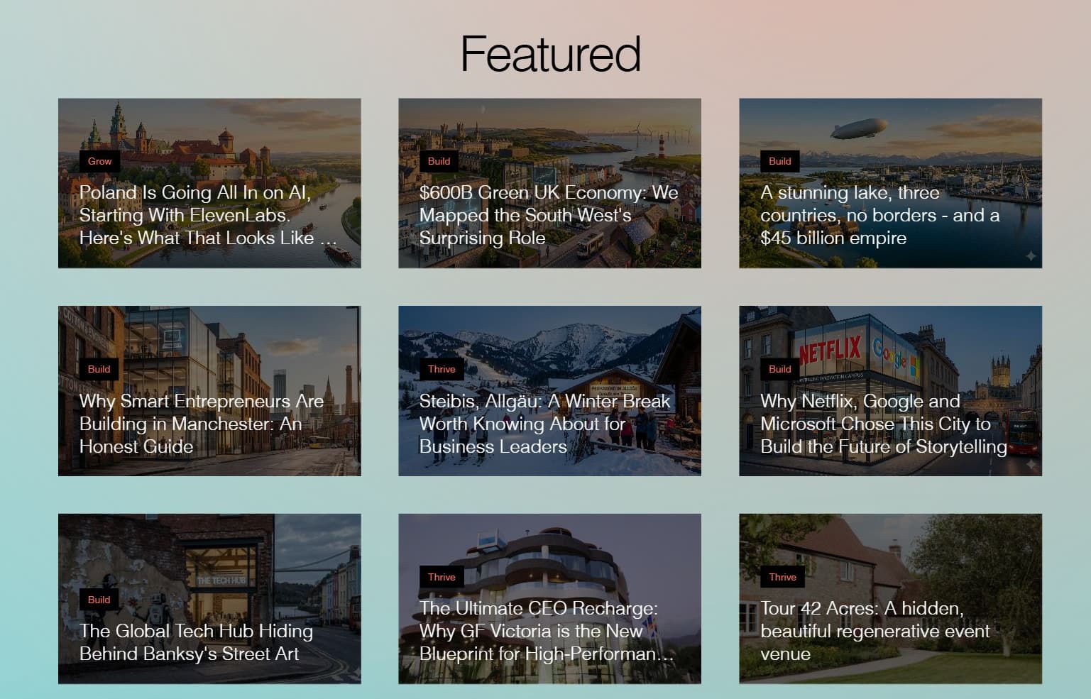 The earlier Placeful homepage's Featured section with three columns of image cards, white headlines and Build, Grow and Thrive category labels.