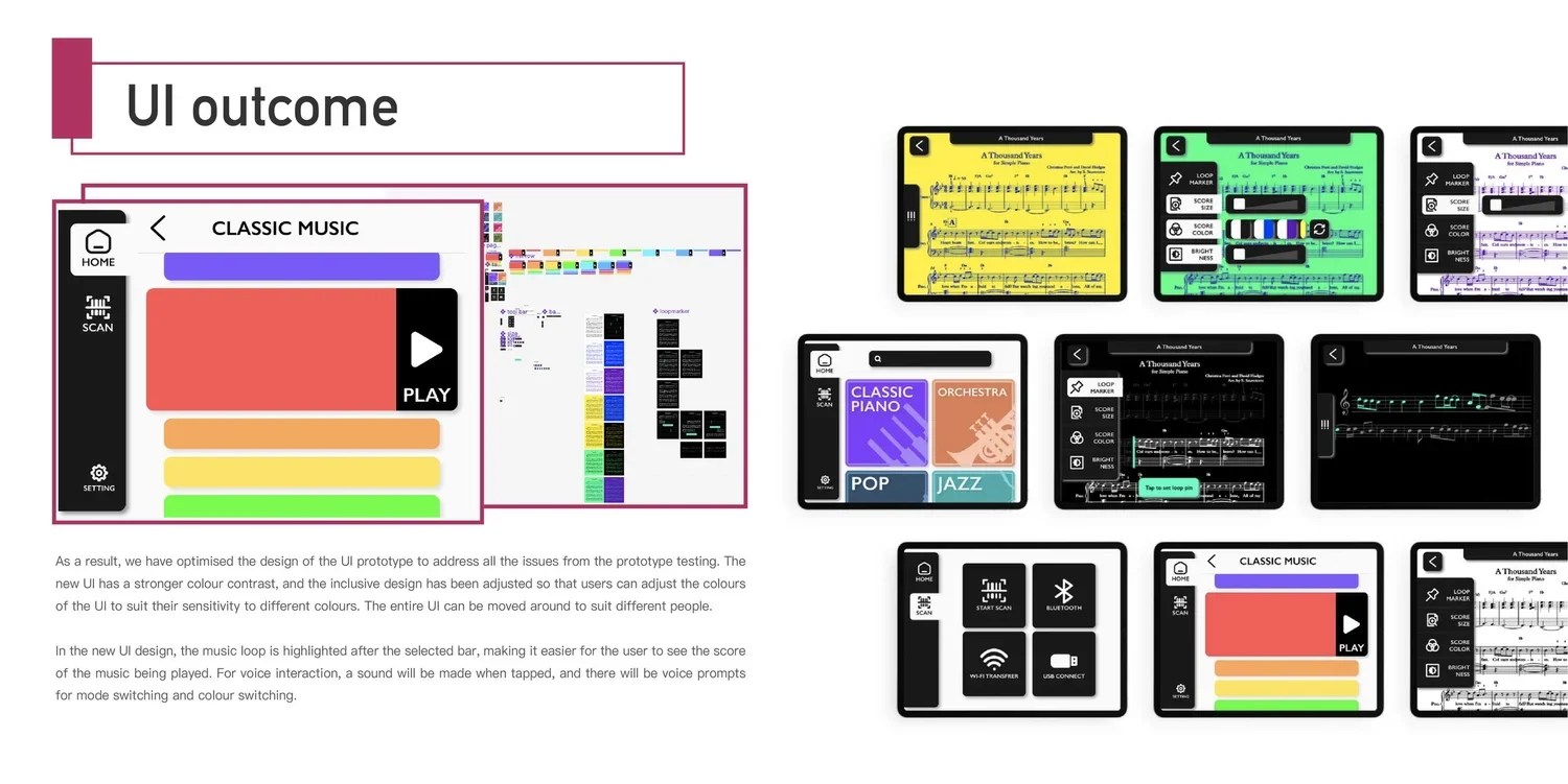 Lighting Score interface designs using contrasting colours and large music controls.