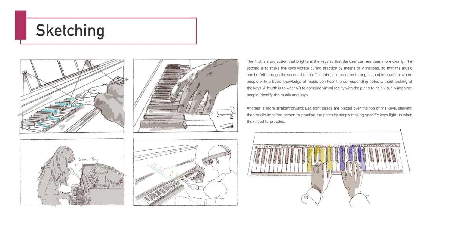 Lighting Score sketches exploring an accessible piano learning experience.