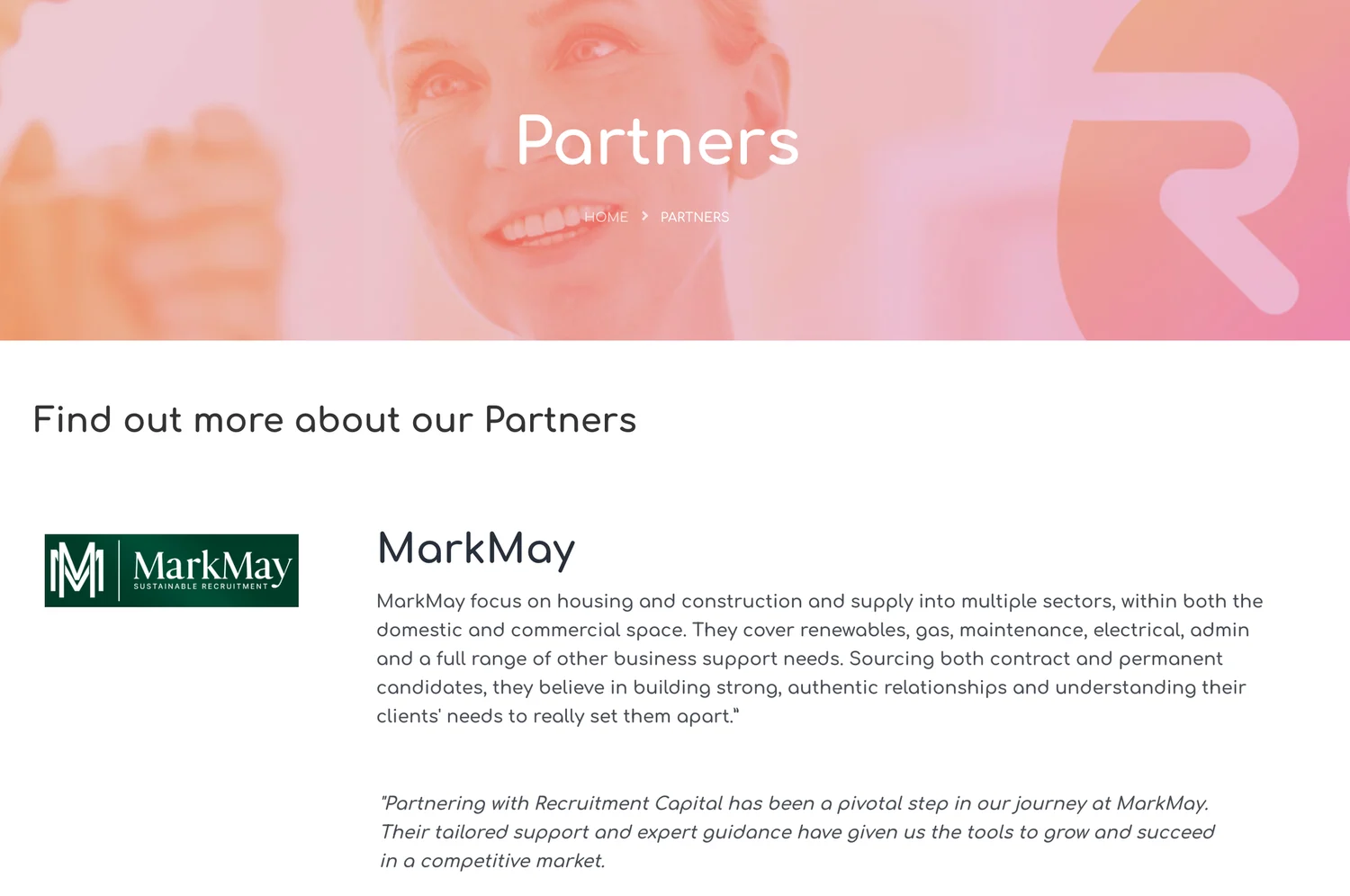 Recruitment Capital partner page and business introduction.
