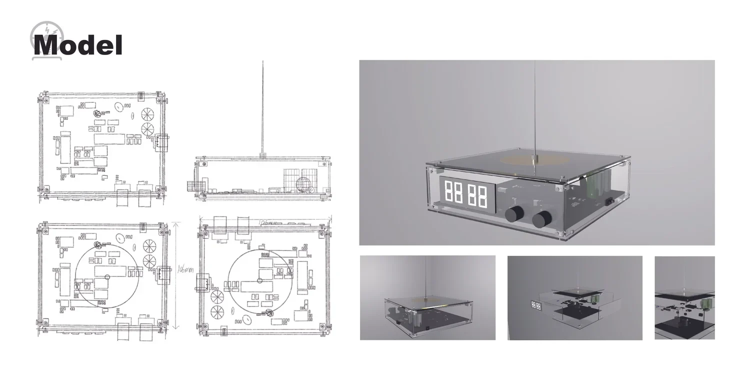 Tesla Alarm Clock engineering drawings and enclosure model.