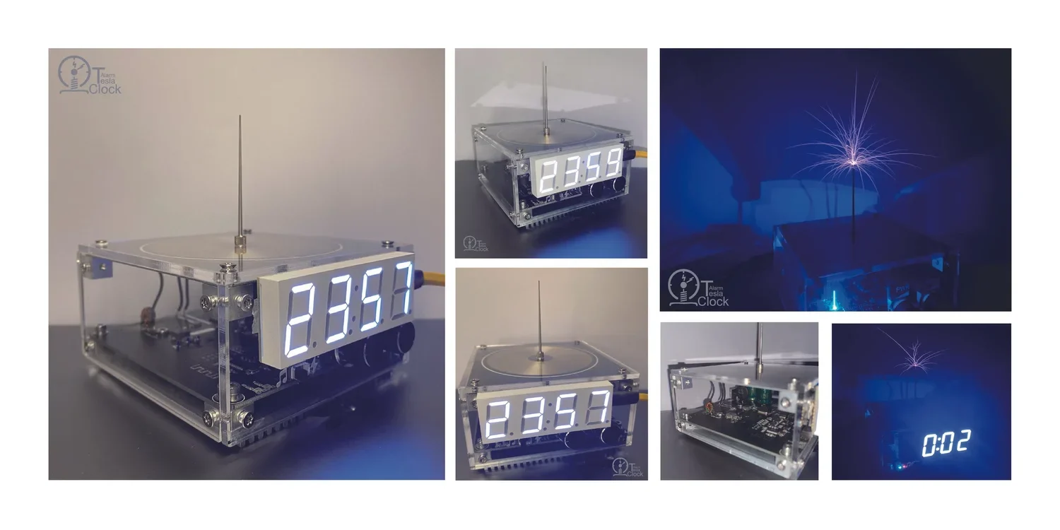 Tesla Alarm Clock prototype with illuminated time display and electrical light effects.