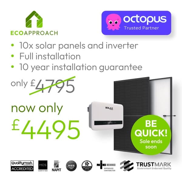 Eco Approach solar advert with a large £4,495 offer below a crossed-out £4,795 price, product imagery and Octopus Energy branding