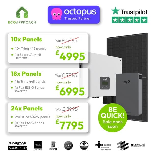 Eco Approach solar advert comparing three packages priced at £4,995, £6,995 and £7,795