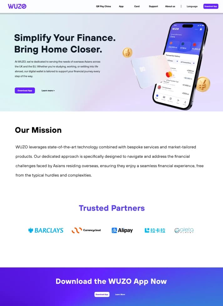 WUZO landing page with a digital wallet, mission statement and partner logos.