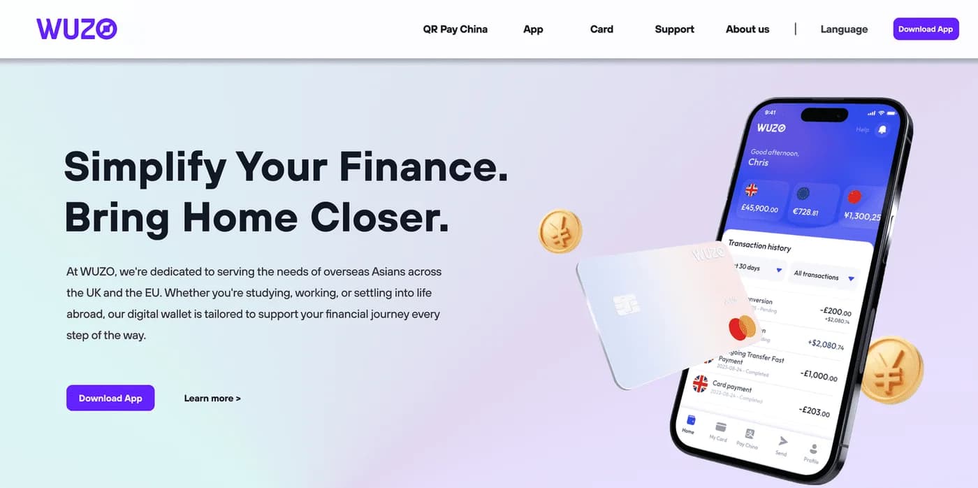 WUZO website with a purple digital wallet interface.