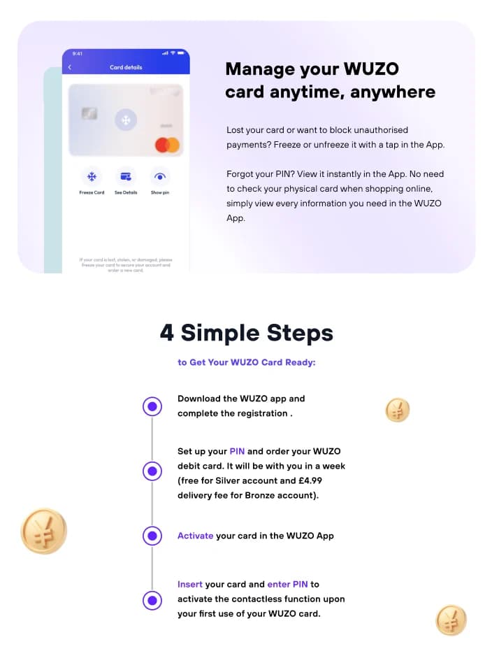 WUZO card management feature and four-step onboarding section.